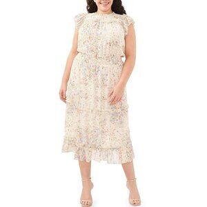 NWT CeCe Watercolor Floral Flutter Cap Sleeve Smocked Waist Tiered Midi Dress